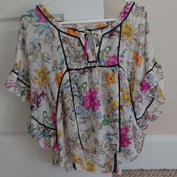 H&M MULTI FLORAL PONCHO RUFFLED TOP - Picture 1 of 8